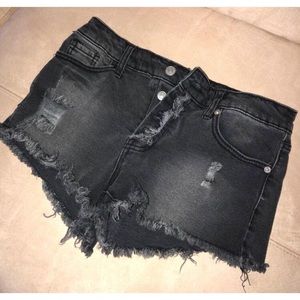 Charcoal distressed button up shorts